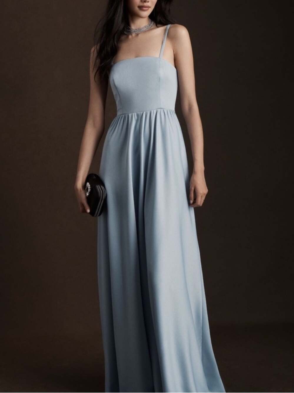 Anthropologie BHLDN Elsie Straight Neck Satin A-Line Gown Maxi Dress Dusty Blue